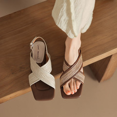 霞姿月韻~2024新款手工編織舒適軟底真皮羊皮草編涼鞋女一件代發