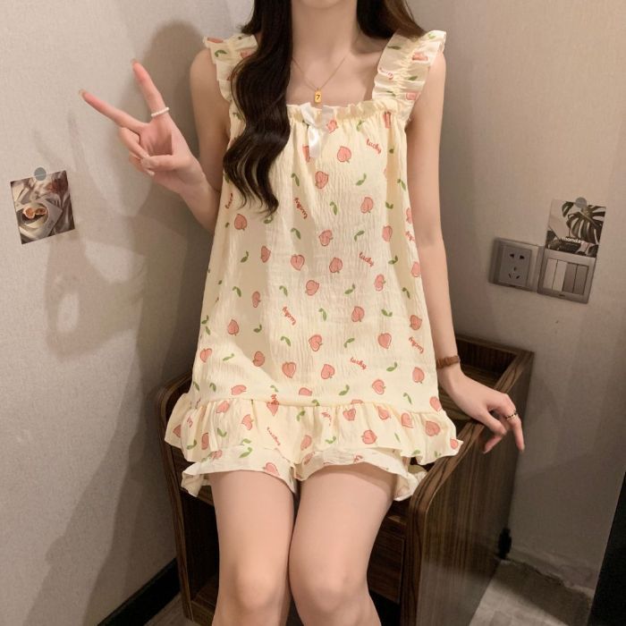 Pijama de algodón de nube para niña verano dulce princesa con cojín para el pecho con tirantes pantalones cortos de dos piezas para el hogar image 3