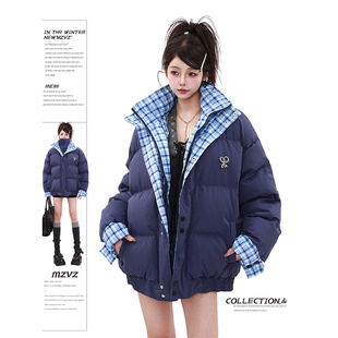 Mzvz American-Style Faux Two-Piece Plaid Patchwork down Cotton Jacket for Women, Winter Thickened Puffer Coat, Cotton-Padded Jacket, Outerwear