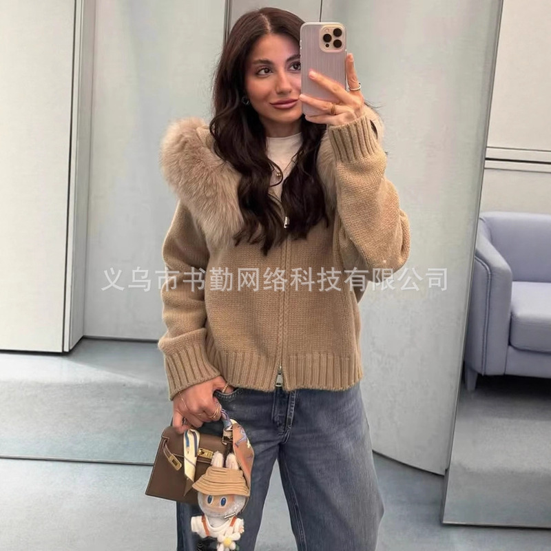 European and American Cross-Border Fur Collar Zipper Knitwear Jacket Women's Autumn and Winter Casual Loose Pure Color Hooded Knitwear Jacket Ins European and American Cross-Border Fur Collar Zipper Knitwear Jacket Women's Autumn and Winter Casual Loose Pure Color Hooded Knitwear Jacket Ins