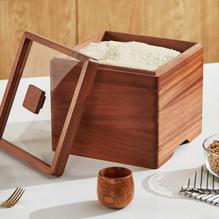 Square Wooden Rice Barrel Solid Wood Sealed Rice Barrel Transparent Cover Grain Storage Box Visual Rice Tank Rice Box