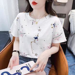 Summer 2024 New Fashion Women's Short-sleeved White T-shirt Women's Instagram Shoulder Half-sleeved T-shirt Loose Top Summer Clothes