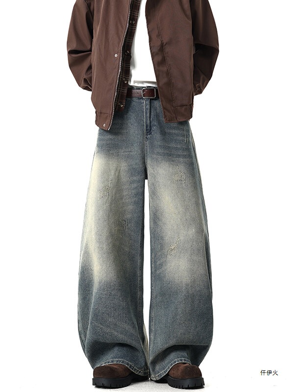 Wide-Leg Vintage Distressed Washed Jeans for Men, New Trendy Brand Pants, Loose American Style Wide-Leg Vintage Distressed Washed Jeans for Men, New Trendy Brand Pants, Loose American Style