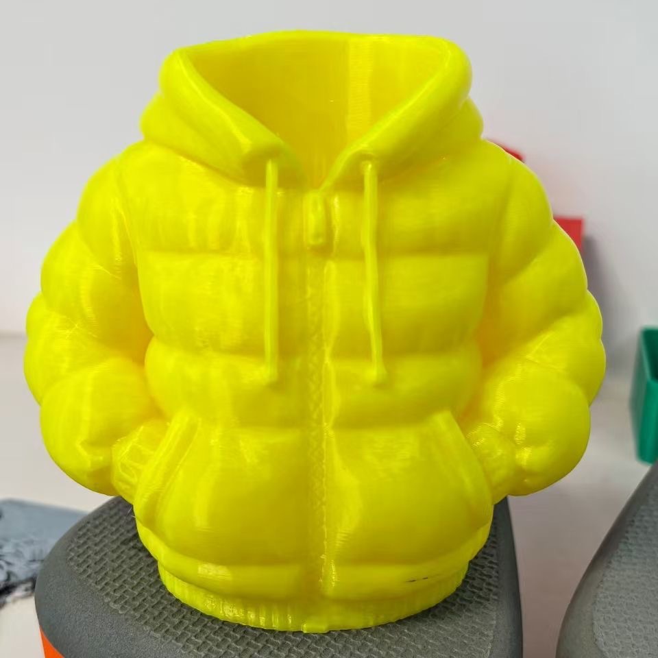 Yellow down jacket, pens holder