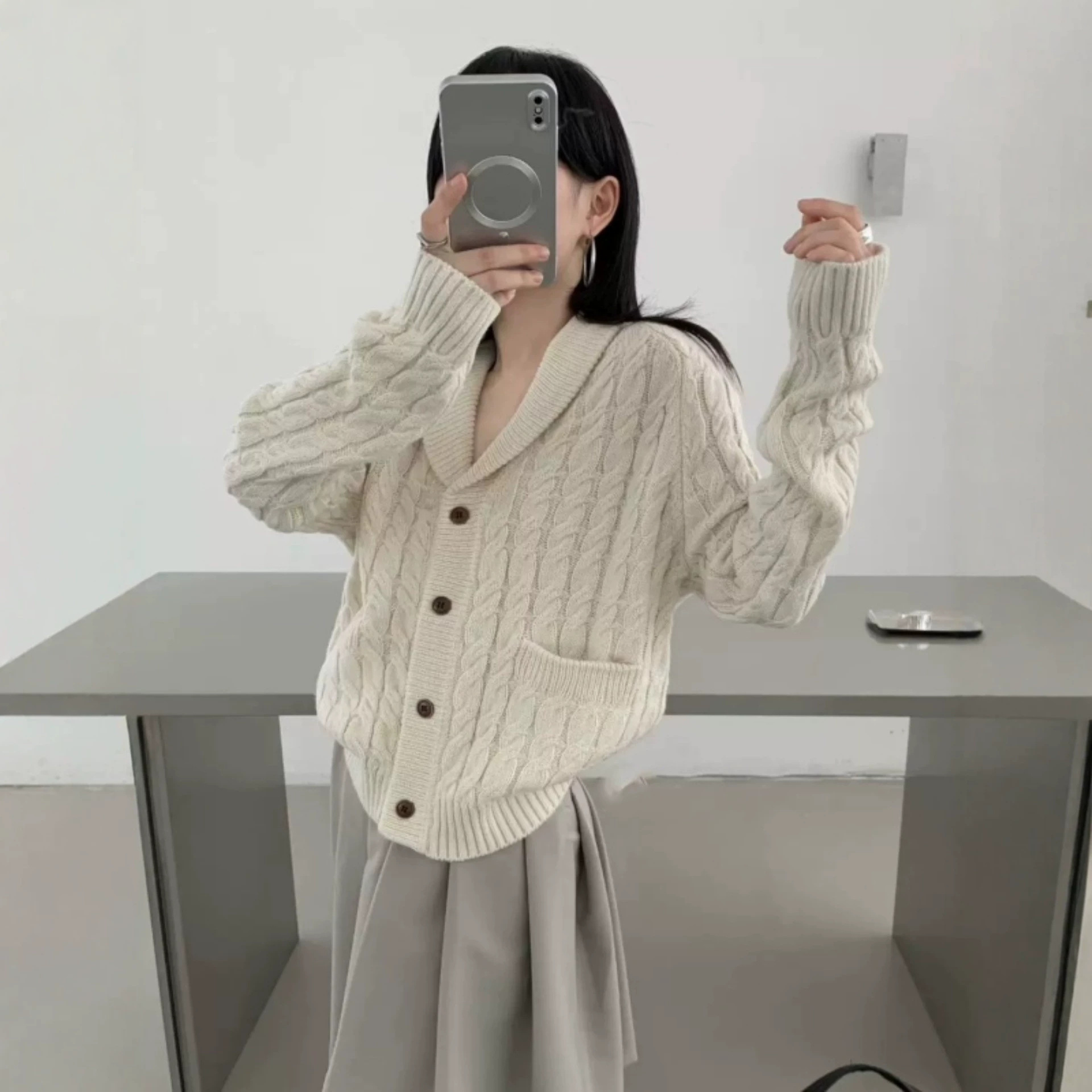 秋冬新款青果领麻花针织100%羊毛开衫女加厚宽松百搭保暖毛衣外套