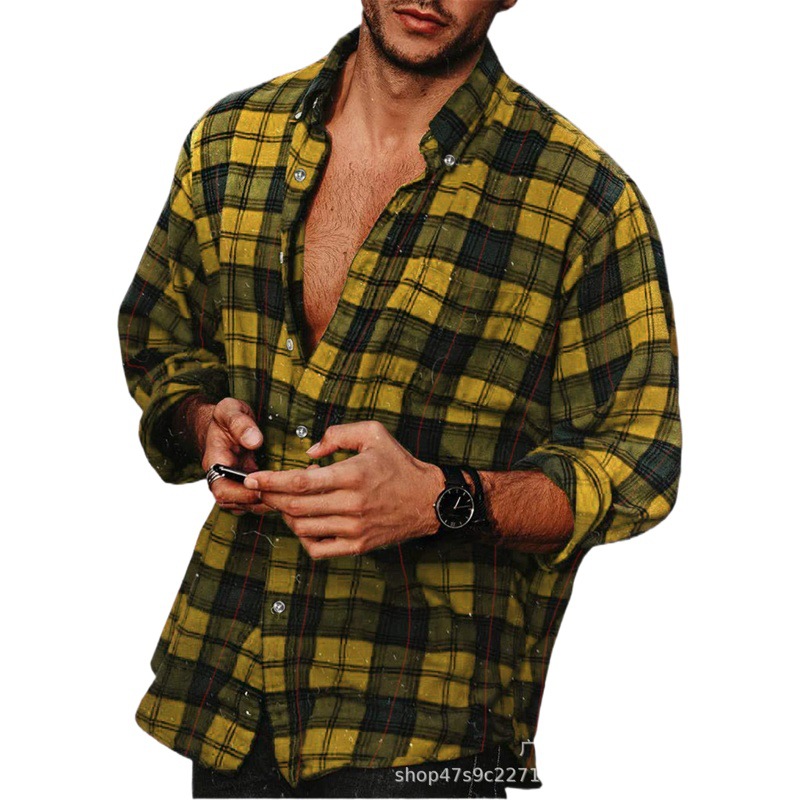 Amazon 2023 camisa de solapa de primavera y otoño de los nuevos hombres europeos y americanos Comercio exterior casual Camisa de manga larga a cuadros de los hombres