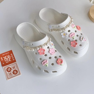 Hot-selling cross-border cherry blossom candy-colored flower pearl chain hole shoes shoes buckle shoes flower garden shoes accessories suit