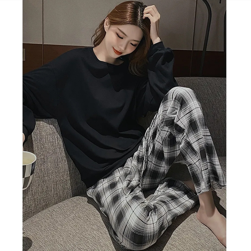 High-end Plaid pullover pajamas with chest pad women's spring and autumn popular loose fashion comfortable home wear ins wholesale