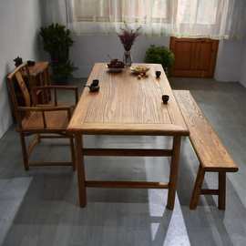 老榆木茶桌复古民宿中式餐桌椅实木长条凳原木禅意风化老门板茶桌