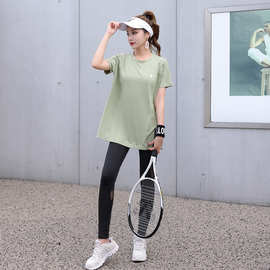 运动上衣女款夏季中长款遮臀显瘦透气瑜伽服短袖专业训练健身套装