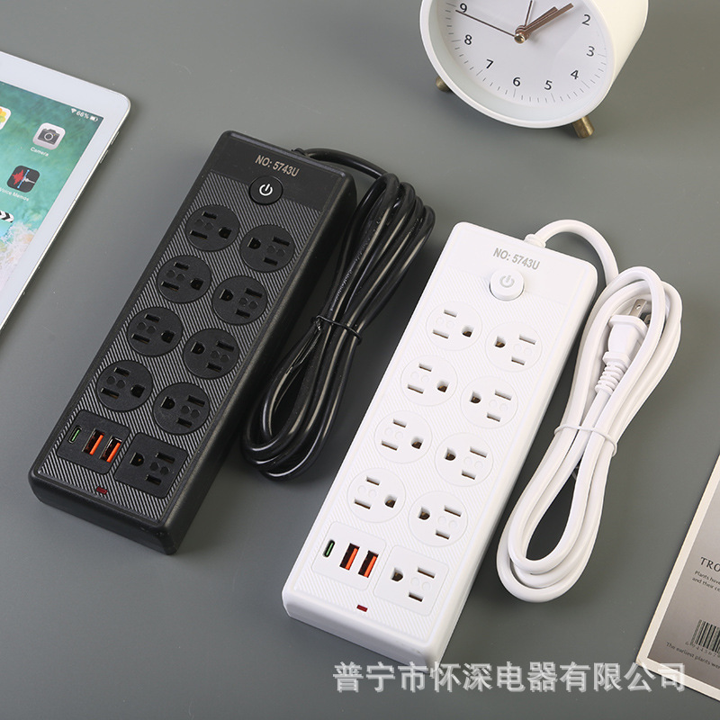 2USB + 1Type-c estándar estadounidense América del Sur México 6FT comercio exterior enchufe blanco y negro 27 agujeros 9 posiciones 110V