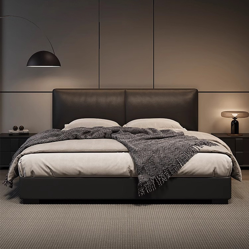 2023 Nueva cama de cuero genuino Cama doble minimalista italiana Cama de cuero negro minimalista moderna Cama de dormitorio principal Cama de boda de 1,8 m
