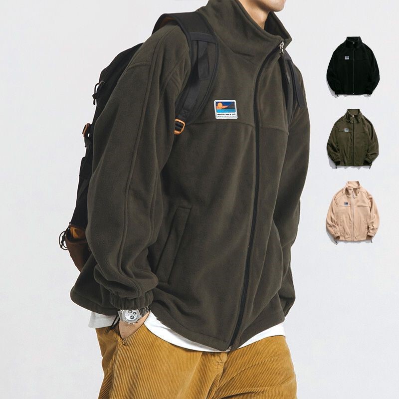 Japanese-Style Lamb Wool Fleece Sweatshirt Men's Autumn and Winter Couple Stand Collar Fleece Student Casual Jacket