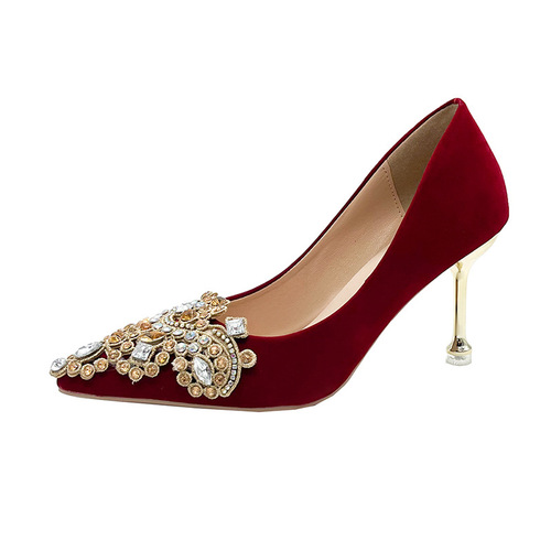 Rhinestone flower wedding shoes  new bridal shoes wedding dress two-wear design niche stiletto high heels women's single shoes