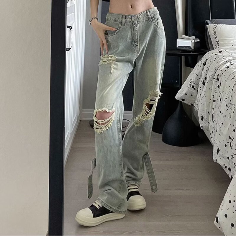 Yellow mud ripped jeans women's autumn low waist straight pants American high-grade waste soil wind skinny wide leg pants