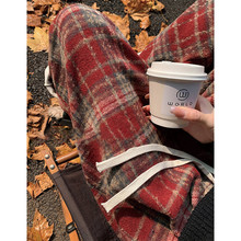 韩系毛呢圣诞格子裤女秋冬季2025新款高腰显瘦加绒防风垂感阔腿裤
