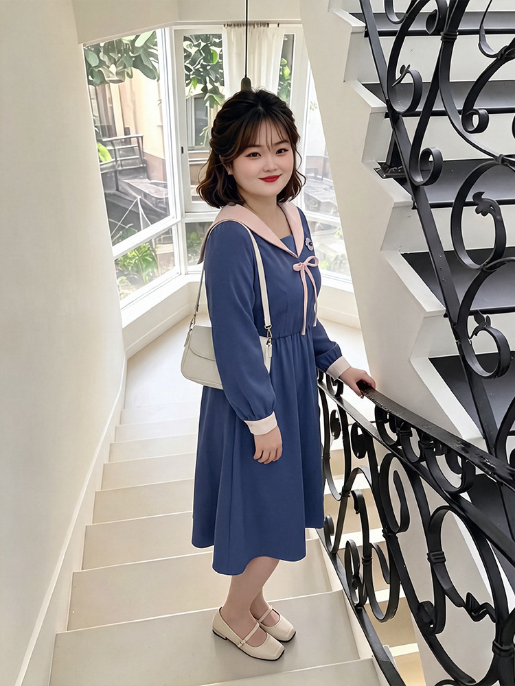 60-160kg Plus Size Women's Navy Collar Dress for Spring and Autumn, College Style Long-Sleeve Dress for Slightly Chubby Girls
