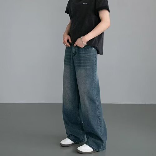 American Retro Blue Denim Straight Leg Loose Heavy Wash Distressed Jeans for Men - Spring and Autumn New Arrival