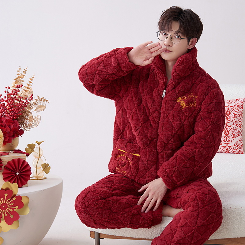 Pijamas de los hombres de invierno de coral de lana de tres capas traje acolchado 2023 nueva franela de invierno de los hombres más tamaño homewear