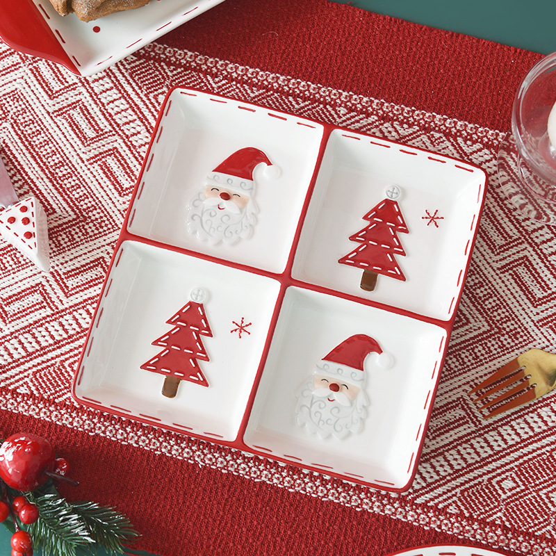 Papá Noel nórdico plato de cerámica platos de cubierta de cuatro placas de relieve creativo de estilo occidental plato de bocadillos