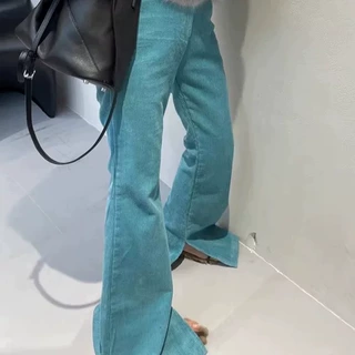 3403湖蓝色灯芯绒裤子女秋冬新款高腰修身长裤百搭开叉微喇拖地裤
