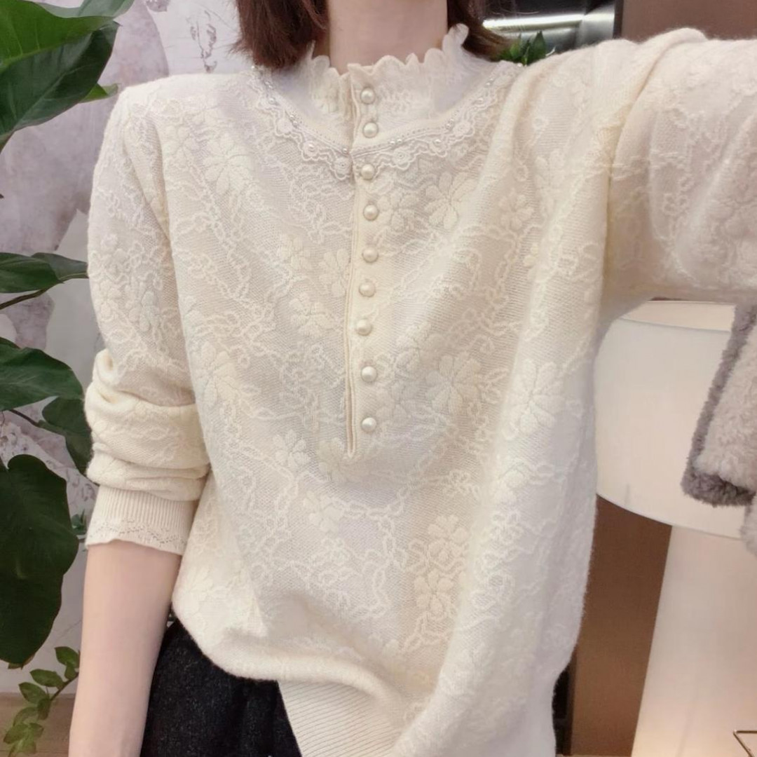 Autumn and Winter Half Turtleneck Lace Beaded Carved Korean Style Versatile Loose Age-Reducing Slimming Knitted Bottoming Shirt for Women
