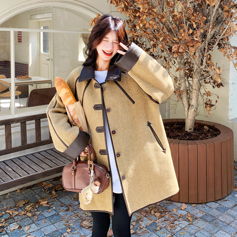 卡其色设计感毛呢外套女冬季新款巨好看的小个子韩系中长款呢大衣