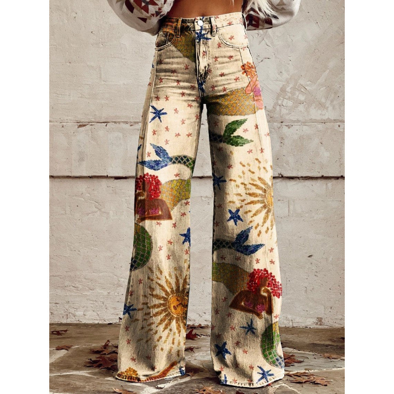 Ebay European and American Export Large Size Women's Casual Pants Trendyy Imitation Jeans Wide Leg Digital Printed Twill Pants