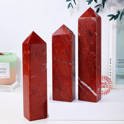 Natural red jasper single-pointed four-sided pillar, crystal raw stone polished four-sided crystal pillar, home energy ornaments wholesale