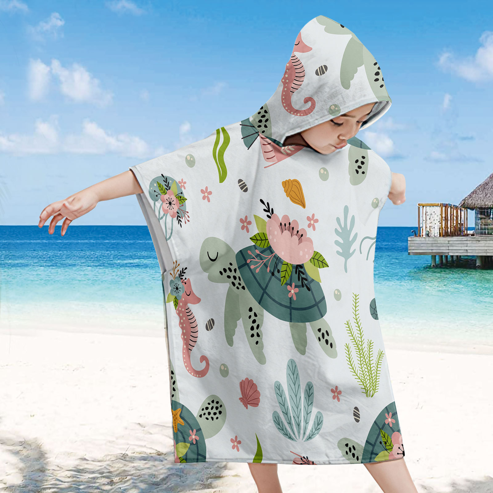Marine Animal Style Beach Changing Towel Children's Beach Sun Protection Hooded Cloak Seaside Swimming Wearable Bath Towel Wholesale