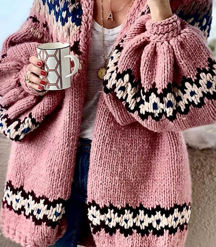 Transfronterizo europeo y americano nuevo Otoño e Invierno grueso lana desgaste exterior cardigan suéter de las mujeres de manga larga costura retro flor tejida abrigo grande