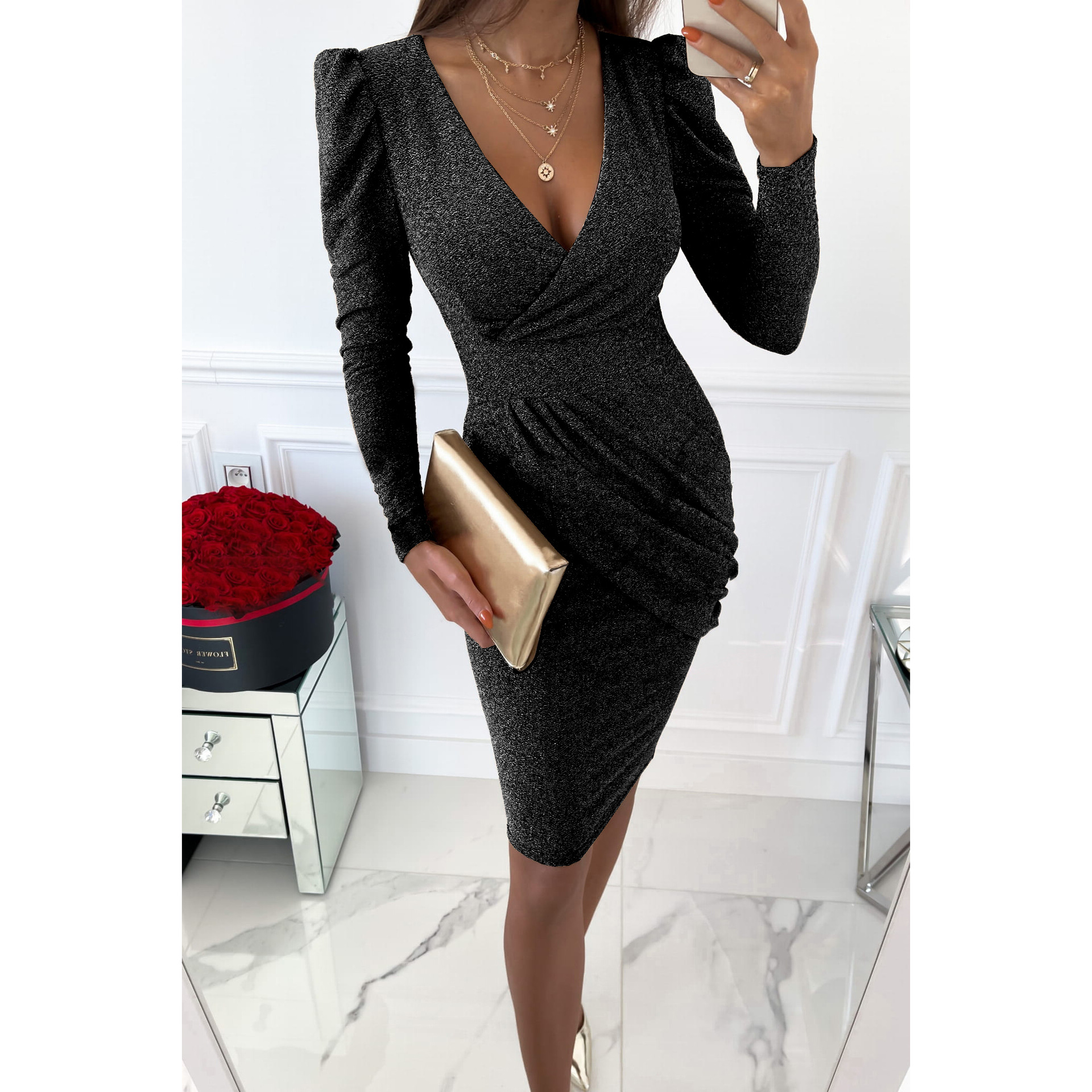 Damenbekleidung, langärmliges Freizeitkleid mit Gold- und Silberfaden, modisches Partykleid mit Puffärmeln_voghion.com