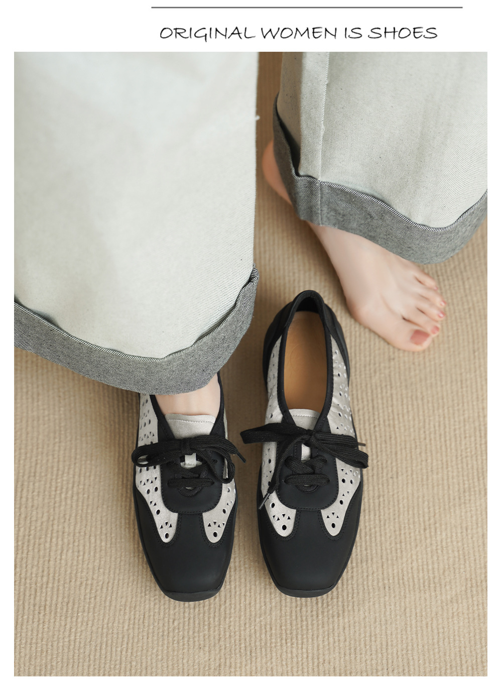 Giày sneaker nữ phối màu đục lỗ dây buộc mũi sâu đế mềm da mềm — đen chi tiết 5