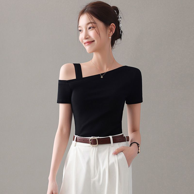 Modal Cotton Black Slanted Shoulder Short-Sleeved T-Shirt Women's New Summer Slimming Look T-Shirt High-End Off-Shoulder Top