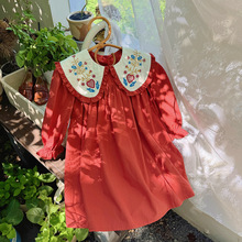 娃娃翻领复古绣花女童连衣裙2025秋款大红色宝宝生日裙长袖公主裙