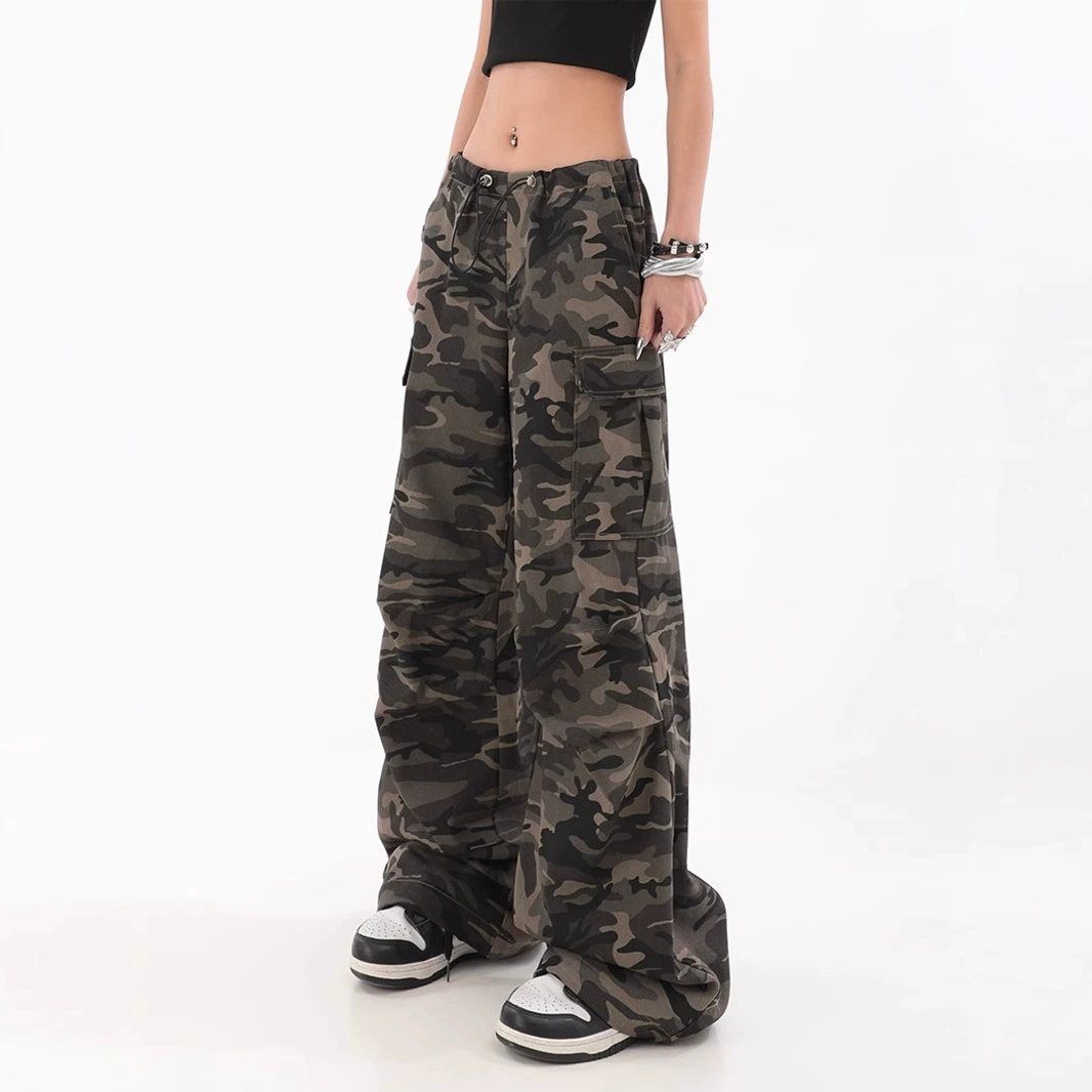 Американские ретро камуфляжные брюки комбинезон женские осенние высокие улицы хип-хоп свободные прямые швабры повседневные длинные брюки