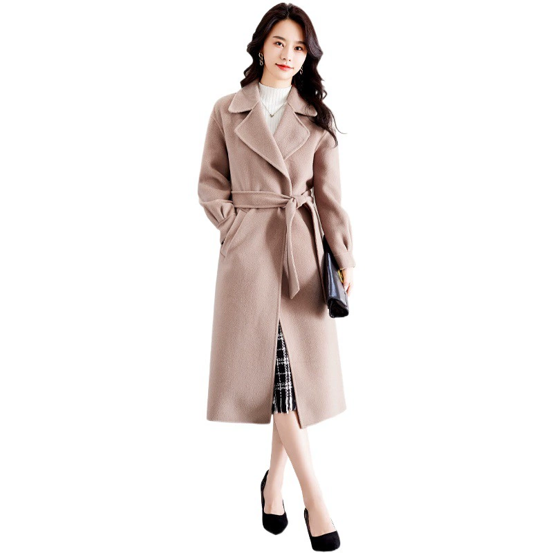 Двустороннее кашемировое пальто для женщин, Осень-зима, новинка 2023 года, выше колена, элегантное Утягивающее шерстяное пальто средней длины из 100% шерсти