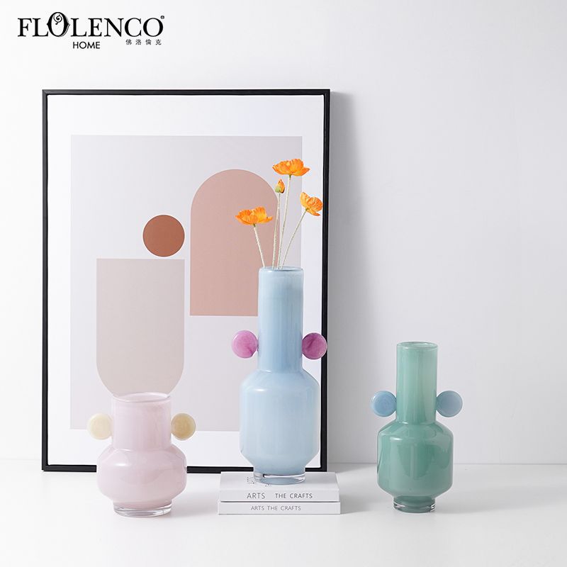 Nordic-inspired creative colored glass double-handled vase, fashionable sample room living room dining table flower arrangement decoration ornament
