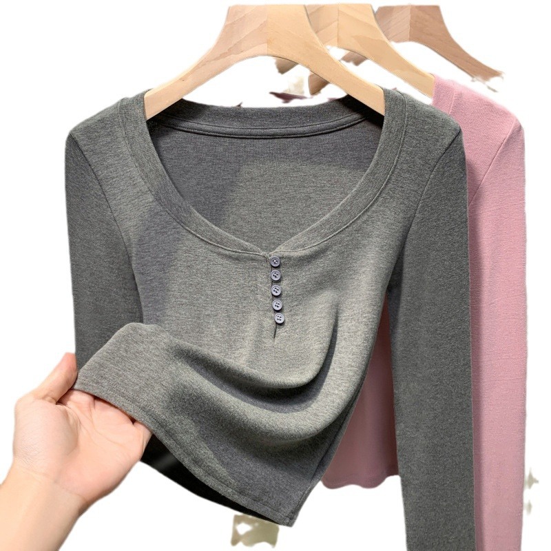 Camiseta de manga larga con cuello redondo rosa para mujer 2024 nuevo estilo delgado y delgado, camisa de fondo súper hermosa, top con botones de diseño image 6