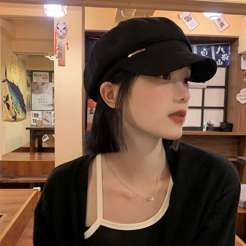 Black beret for women in autumn and winter ins internet celebrity versatile hat Japanese style big head circumference showing face small octagonal painter hat