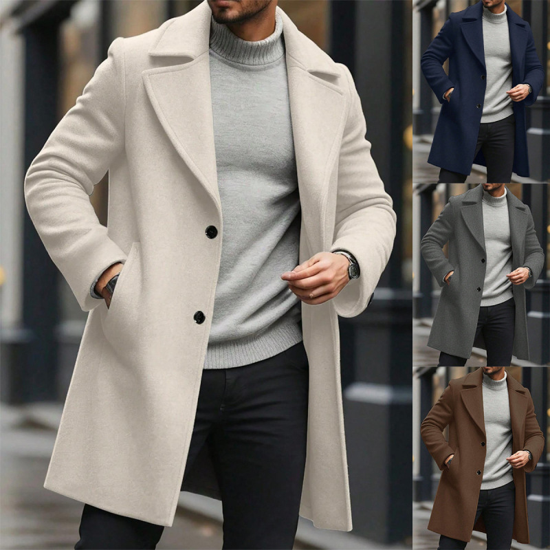 2026 Autumn and Winter Cross-Border European and American Men's Solid Color Woolen Mid-Length Coat Single-Breasted Woolen Jacket for Men 260712 2026 Autumn and Winter Cross-Border European and American Men's Solid Color Woolen Mid-Length Coat Single-Breasted Woolen Jacket for Men 260712
