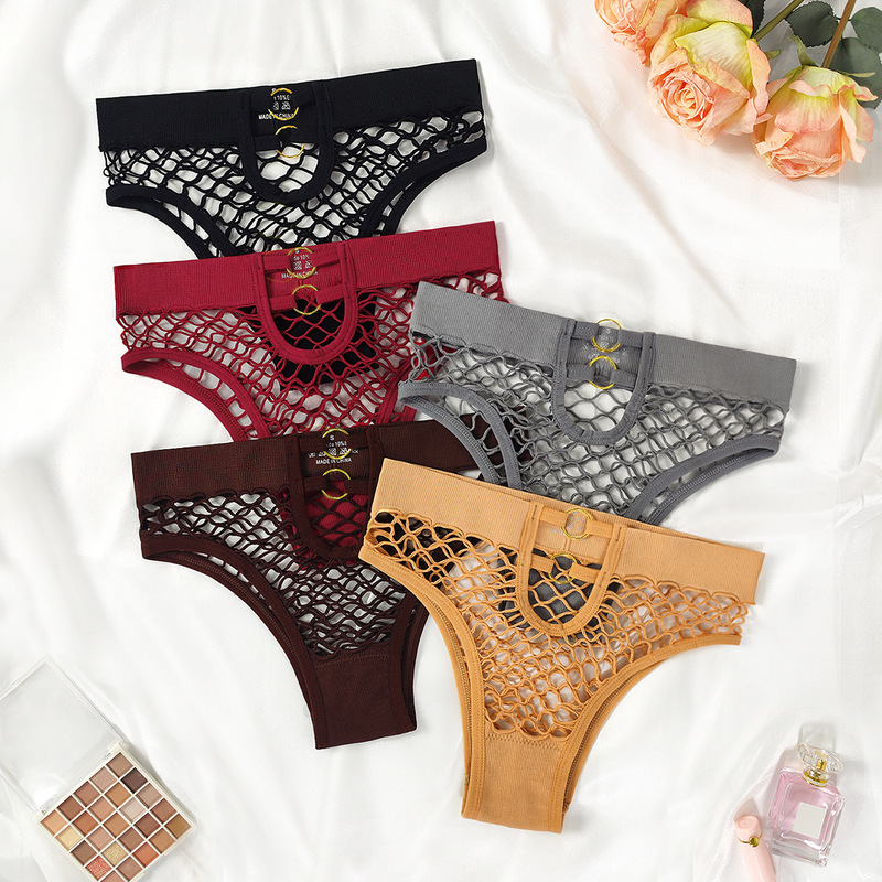 European and American Women's Fishnet Hollow Double-Ring Pure Cotton Breathable Comfortable Stylish Amazon Foreign Trade In-Stock Women's Panties