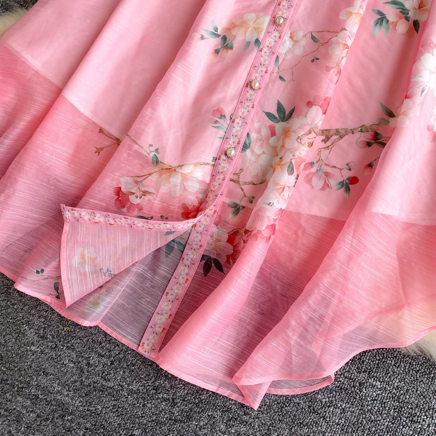 Women's French Style Printed Dress Fitted Openwork Long Sleeves Lapel Collar Tie Waist A-Line Long Skirt for Commuting_ecoleips.com