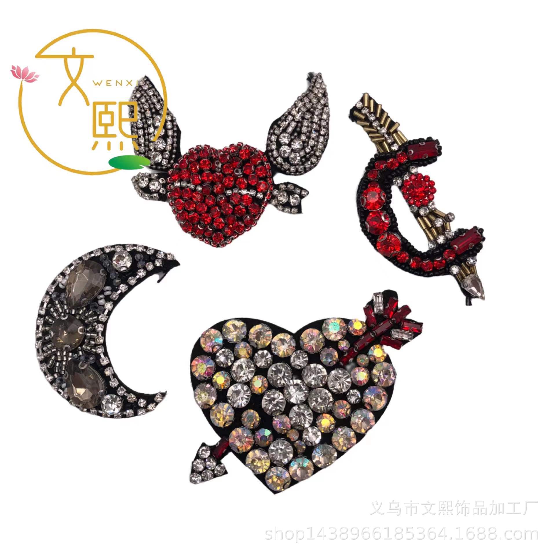 厂家直销新款现货纯手工钉珠水钻天使翅膀弓箭布贴服装箱包配饰