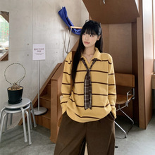 老钱风黄色条纹POIO领长袖毛衣女2025装秋冬新款休闲显瘦套头上衣
