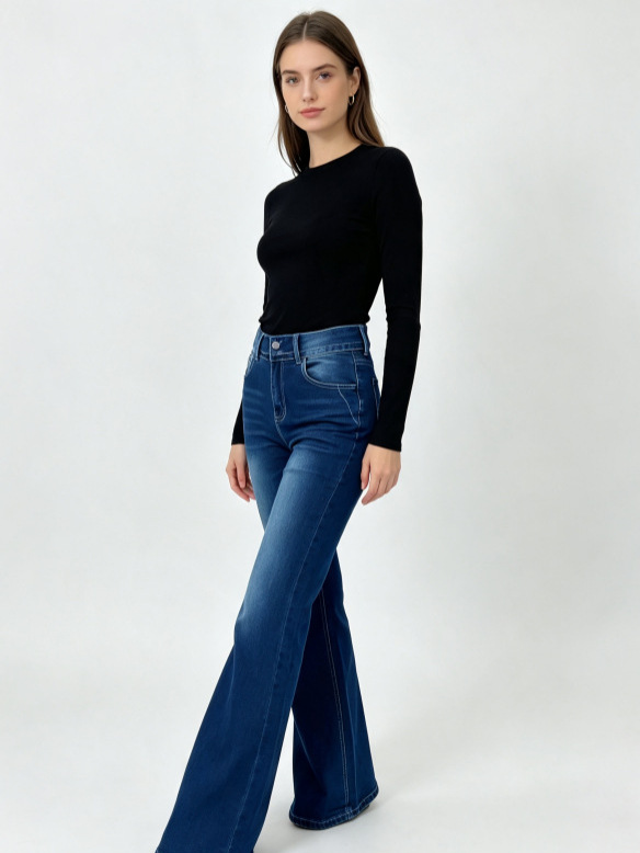 Jeans Acampanados de Cintura Alta para Mujer de Mezclilla de Algodón Elásticos Lavados