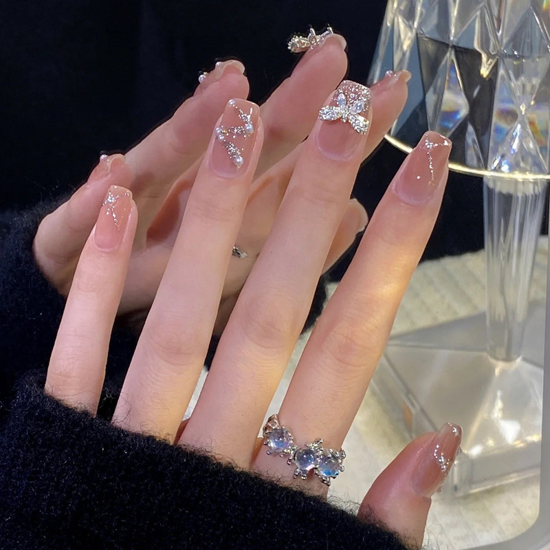 Short Manicure Finished Product, Detachable Elegant, Nude Color, Accessible Luxury Bow Ribbon, Wearable Manicure Nail Patch, Nail Sticker Short Manicure Finished Product, Detachable Elegant, Nude Color, Accessible Luxury Bow Ribbon, Wearable Manicure Nail Patch, Nail Sticker