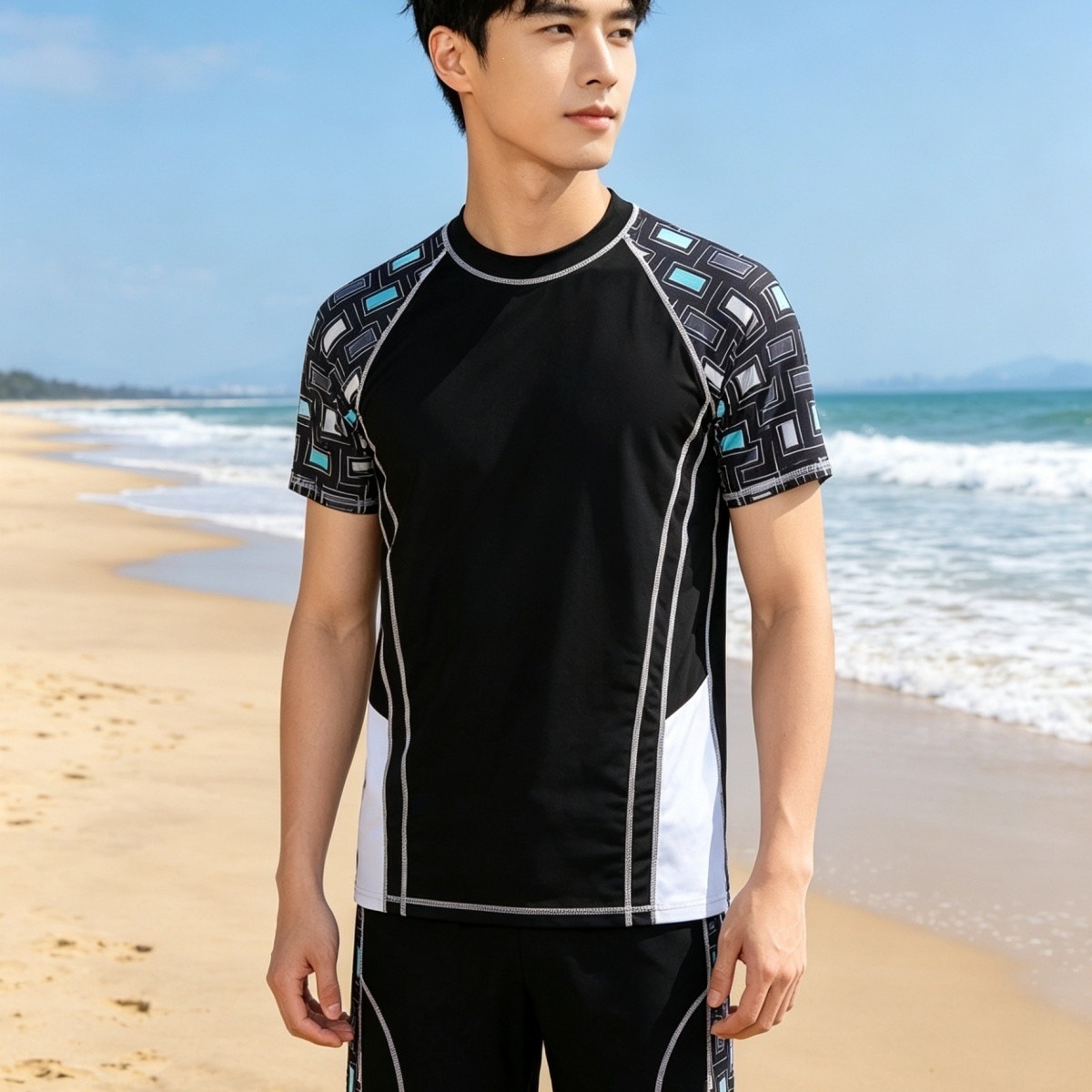 2026 New Men's Two-Piece Short-Sleeve Fashion Color-Block Swimwear, Large Size, Loose Fit, Plus Size, Sun-Protective, Quick-Dry Swimwear