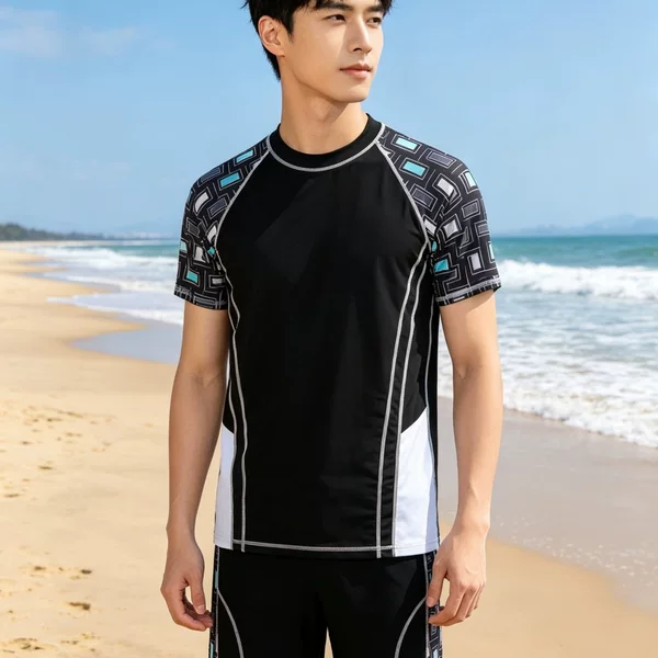 2026 New Men's Two-Piece Short-Sleeve Fashion Color-Block Swimwear, Large Size, Loose Fit, Plus Size, Sun-Protective, Quick-Dry Swimwear