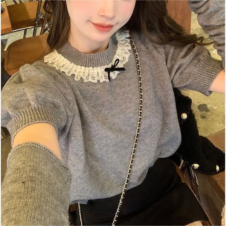 2024 Autumn New Knitted Sweater Hot Girl Solid Color Puff Sleeve Lace Collar Women's Slim Fit Sweater Top 2024 Autumn New Knitted Sweater Hot Girl Solid Color Puff Sleeve Lace Collar Women's Slim Fit Sweater Top